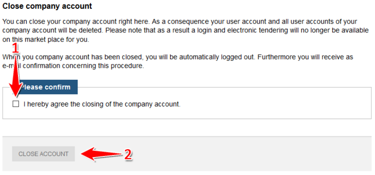 Screenshot: Administration Close company account