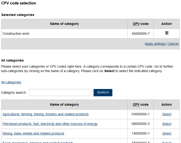 Screenshot: Registration CPV Code